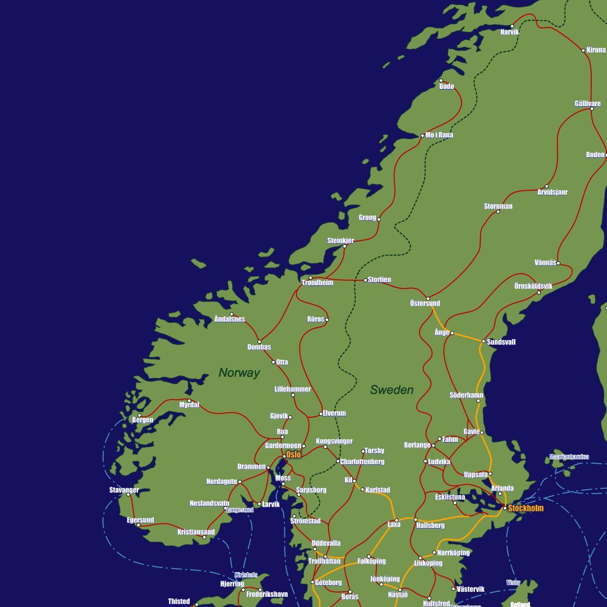 Karte von Norwegen Bahn-Routen