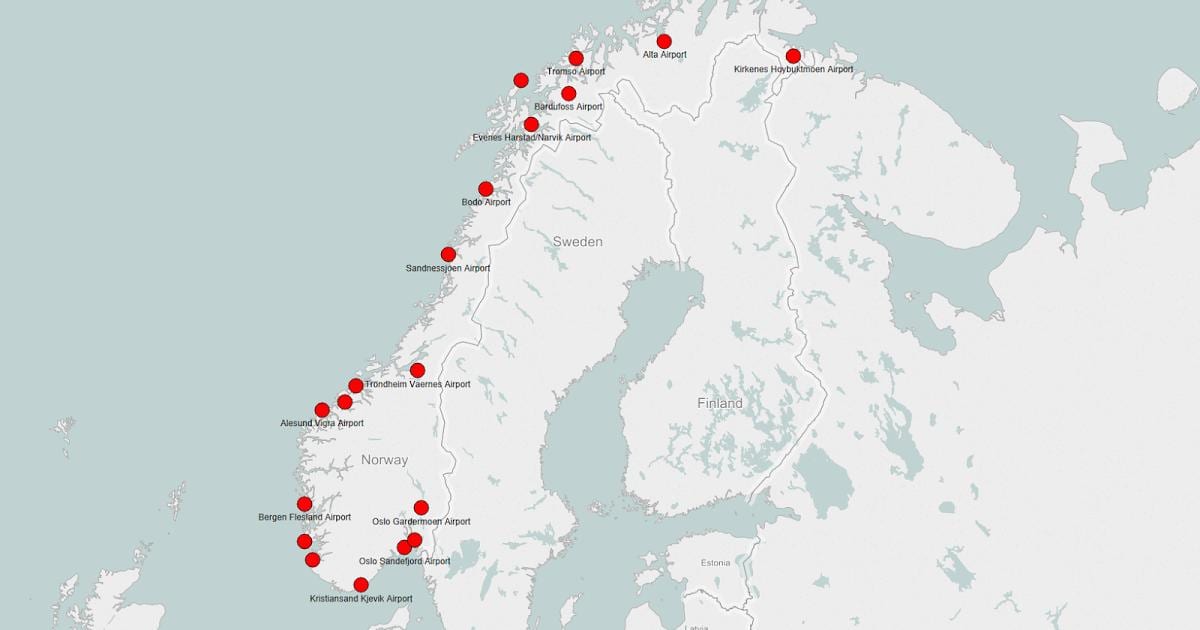 Karte der Flughäfen Norwegen